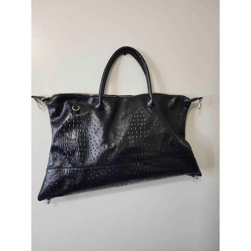 Large Black Croc Ostrich Embossed Weekender Travel Tote Bag Gold Hardware